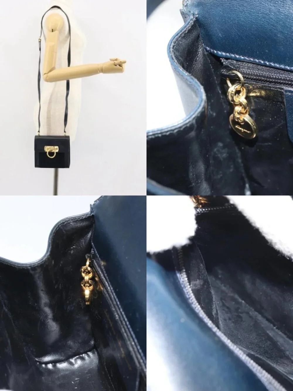 Salvatore Ferragamo Gancini Shoulder Bag Leather Navy Gold Auth 166375